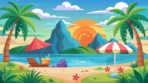Tranquil Tropical Sunset. Beach Paradise Landscape