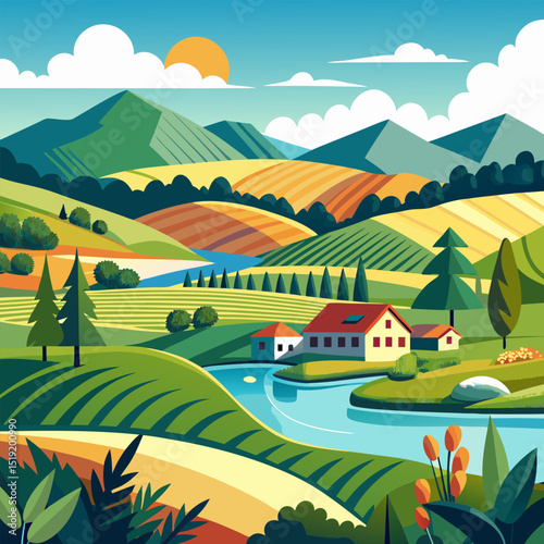 Serene Countryside Landscape. Picturesque Farmhouse by the River