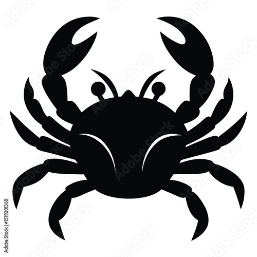 Crab silhouette illustration viewed from the front, showcasing its claws and legs in a detailed black graphic