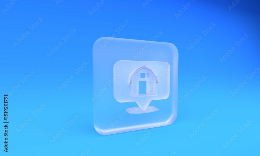 Frosted glass Location farm house icon isolated on blue background. Square frosted glass button. 3D render illustration Frosted glass Location farm house icon isolated on blue background. Square frosted glass button. 3D render illustration