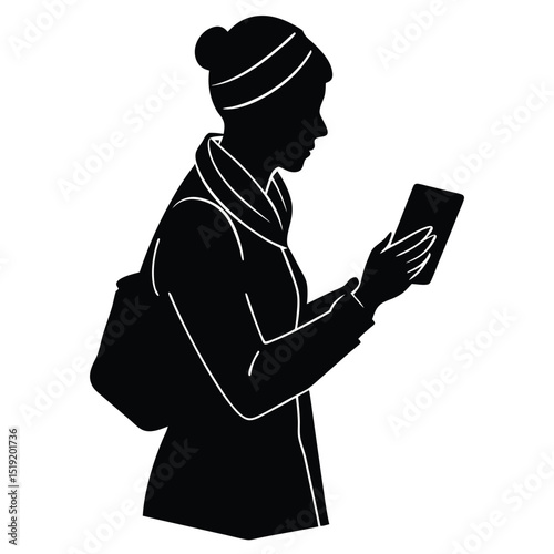 Woman standing with a backpack using a mobile device outdoors on a cold day