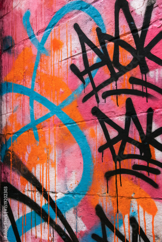 Vibrant close-up of layered graffiti. Bold black tags and abstract designs in blue, orange spray paint over a pink textured urban wall. Street art.