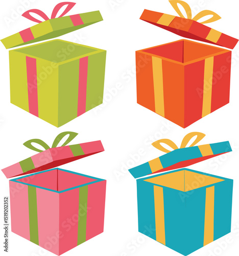 Four colorful open gift boxes with ribbons
