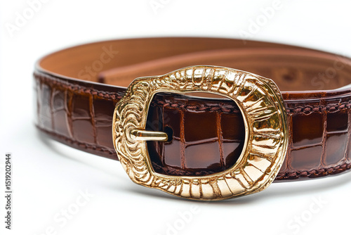 Elegant Brown Crocodile Leather Belt with Ornate Gold Buckle Detail Closeup