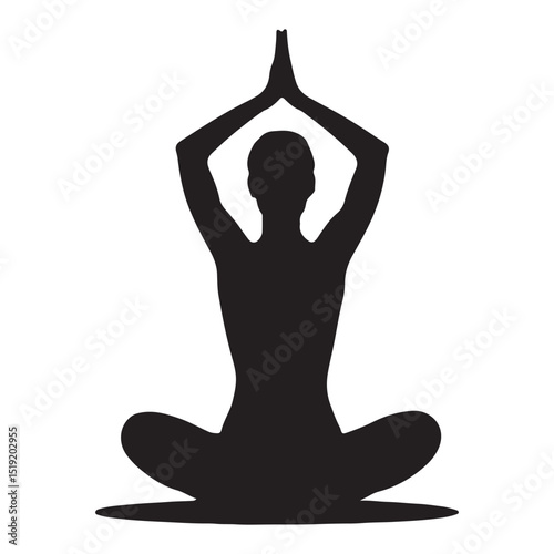 Silhouette of a person in lotus position meditating with hands together overhead
