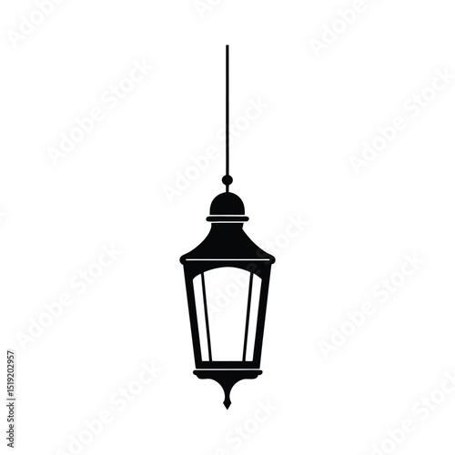 Old vintage street lamp post with electric glass lantern illumination silhouette vector art icon on white background