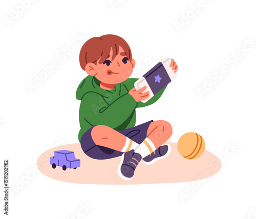 Happy kid plays videogames on smartphone. Child has fun with video games on mobile phone, console. Little boy with device addiction spends time with gadget. Flat isolated vector illustration on white