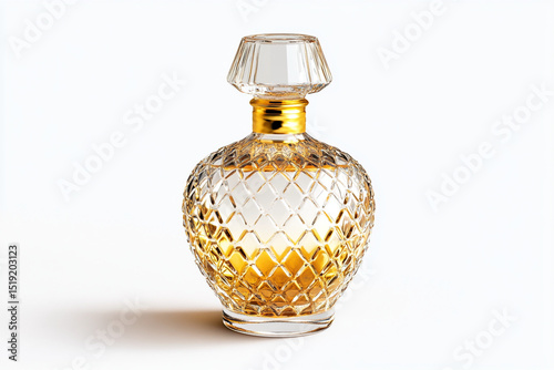 Elegant gold and clear glass perfume bottle with a diamond-patterned design on a white background showcasing luxury fragrance packaging