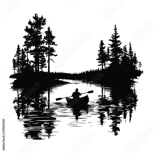 Rowing a boat on a calm lake minimalist silhouette design
