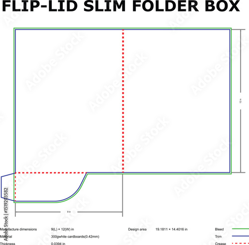 Flip lid slim folder box template design die cut dimensions