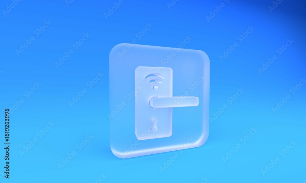 Frosted glass Digital door lock with wireless technology for unlock icon isolated on blue background. Door handle sign. Security smart home. Square frosted glass button. 3D render illustration Frosted glass Digital door lock with wireless technology for unlock icon isolated on blue background. Door handle sign. Security smart home. Square frosted glass button. 3D render illustration