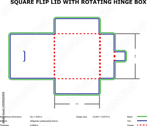 Square flip lid rotating hinge box packaging design template