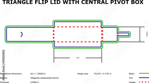 Triangle flip lid packaging design central pivot box die-cut template