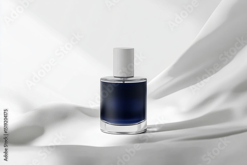 Elegant Dark Blue Perfume Bottle on White Silk Fabric, Luxury Fragrance Product Mockup, Beauty Branding
