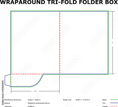 Wraparound tri fold folder box template design die cut