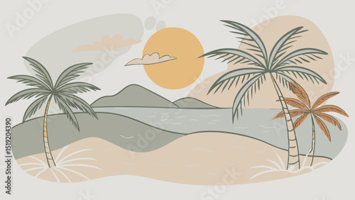 Tranquil Tropical Sunset. Beach Scene with Palm Trees