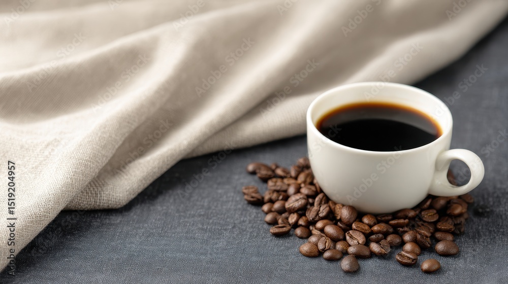 Obraz premium A steaming cup of coffee surrounded by roasted beans on a textured surface with fabric
