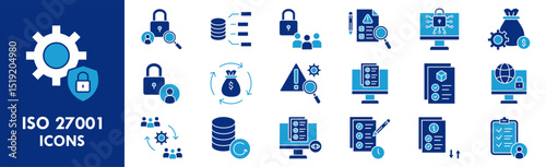 ISO 27001 icon collection set. Containing design technology, business, management, standard, certification