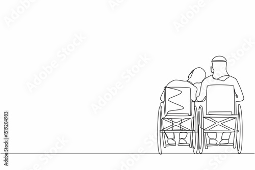 Single one line drawing back view Arabian couple with disabilities sit in wheelchairs talking each other. Woman rests her head on man's shoulder. Рeople with disability. Continuous line design vector