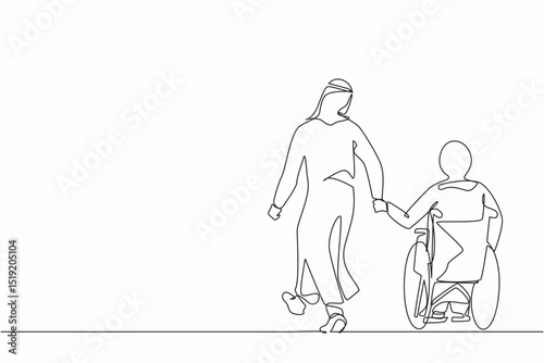 Single continuous line drawing back view Arab man with his beloved disabled wife on wheelchair is taking stroll. Woman with physical disability and her husband outdoors. One line graphic design vector