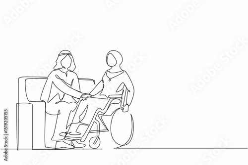 Single continuous line drawing Arab couple at home with disability woman in wheelchair holding hands with man sitting on sofa. Assistance rehabilitation of disabled person. One line draw design vector