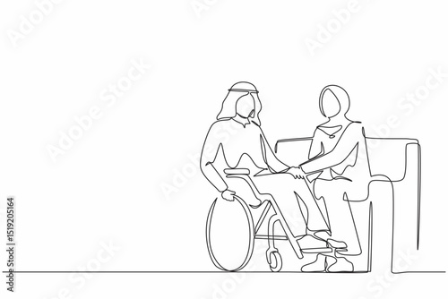 Single one line drawing Arabian couple with disability man in wheelchair holding hands with woman sitting on sofa. Assistance rehabilitation of disabled person. Continuous line design graphic vector