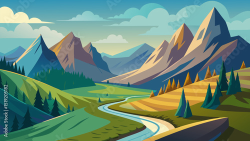 Majestic Mountain Landscape. Serene River Valley and Green Hills