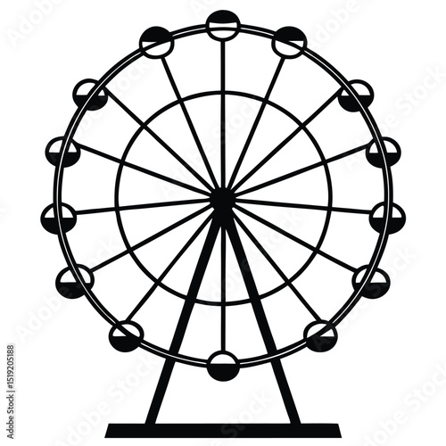 A large Ferris wheel with enclosed gondolas standing on a platform viewed from the side in an amusement park