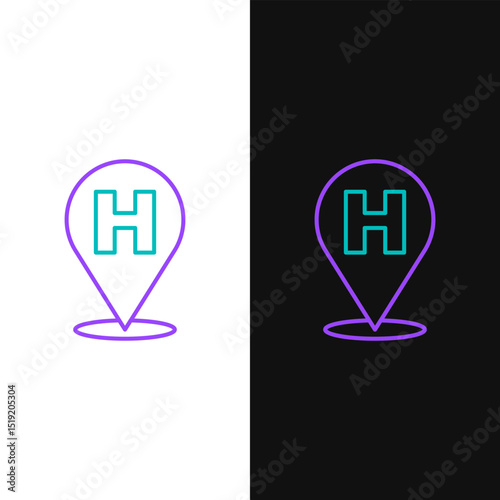 Line Medical map pointer with cross hospital icon isolated on white and black background. Colorful outline concept. Vector