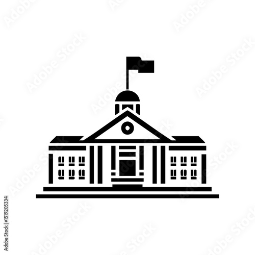 Minimalist vector logo of a school building with a flag on top. Government or education institution symbol in simple black silhouette style.



