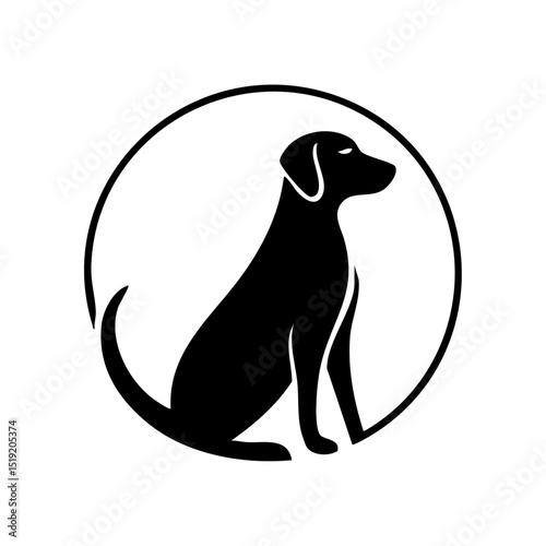 Minimalist black vector logo of a sitting dog inside a clean circular frame.

