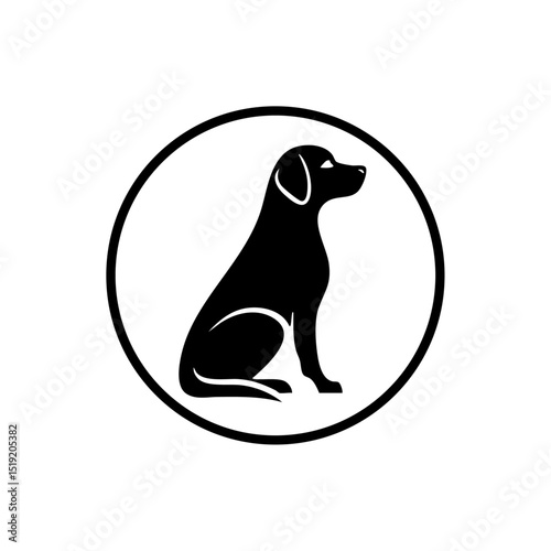 Clean black vector logo of a sitting dog enclosed in a full circle.

