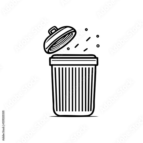 Open trash can icon with lid flipped and debris in motion, minimalist vector style.

