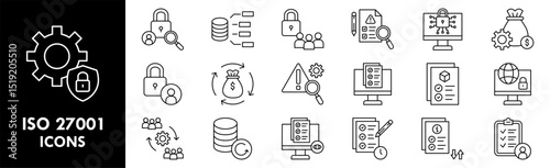 ISO 27001 icon collection set. Containing design technology, business, management, standard, certification