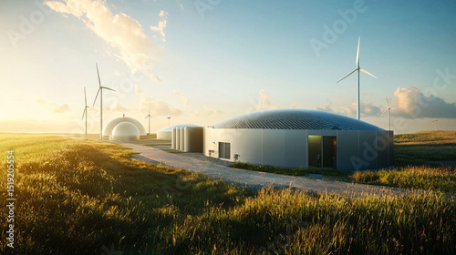Aerial view of green hydrogen facility with modern architecture, wind turbines, and serene landscape