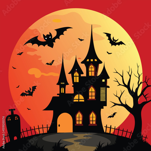 Spooky castle silhouette against full moon with bats flying around at dusk from a distant viewpoint