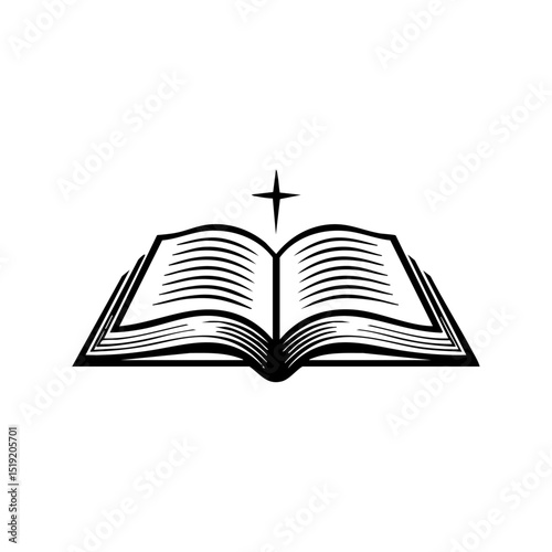 Minimalist vector logo of an open Bible with a star above, representing divine inspiration and Christian faith.

