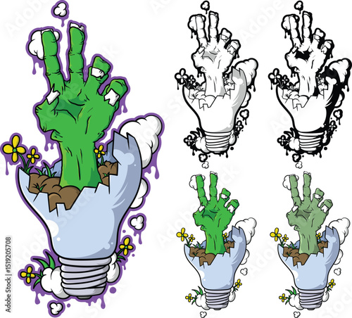 Zombie Hand Growing from Broken Light Bulb – Vector Illustration
