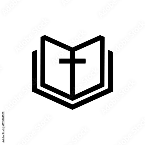 Minimalist logo of an open Bible with a central cross symbol.

