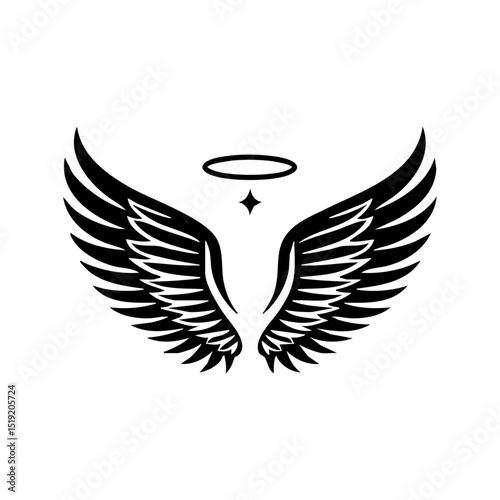 Minimalist vector logo of angel wings with a halo and radiant star above.

