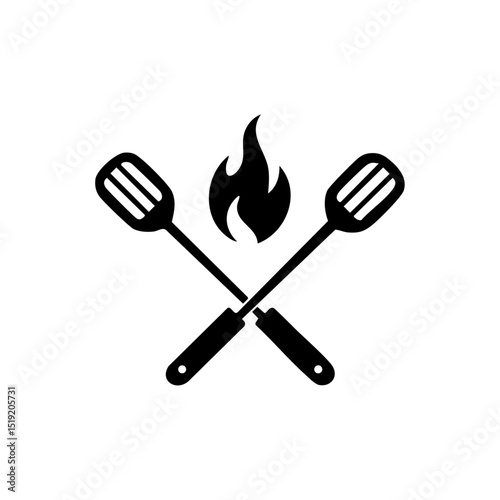 Vector logo of crossed barbecue spatulas with a flame, representing grilling and outdoor cooking.

