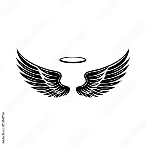 Horizontal minimalist vector of angel wings with halo in the center.

