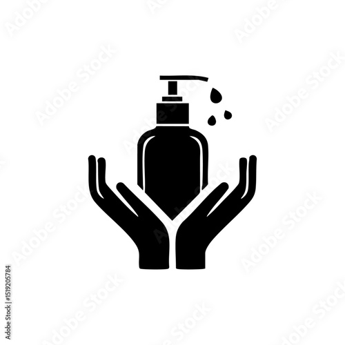 Minimalist black vector logo of hands holding a soap pump bottle with droplets, symbolizing hygiene and cleanliness.

