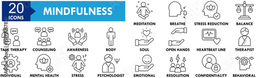 Mindfulness icon collection set. Containing design mind, brain, human, mental, intelligence