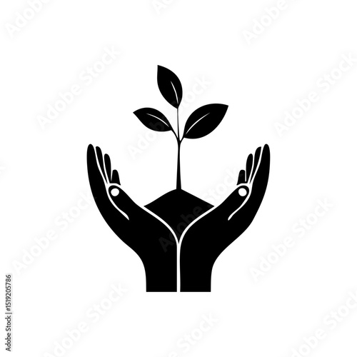 Vector logo of two hands cupping a small plant growing from soil, symbolizing environmental care and sustainability.

