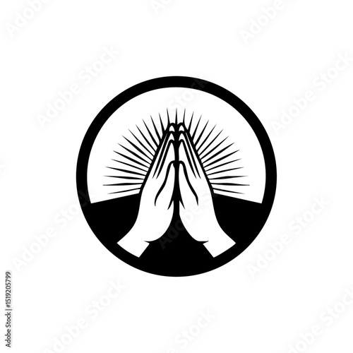 Black silhouette vector logo of praying hands with rays inside a circular border, symbolizing devotion and spiritual unity.

