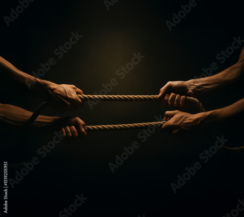 Two pairs of hands intensely pulling ropes in a dim, moody atmosphere, conveying dramatic struggle, power clash, and symbolic confrontation.