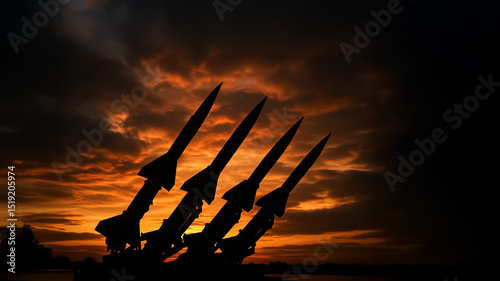 Four rockets silhouetted against a dramatic sunset sky, symbolizing military power and global tension in a striking visual.
