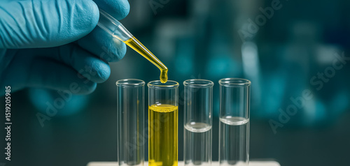 Close-up of a gloved hand using pipette to drop yellow liquid into test tubes, representing scientific analysis and chemical precision in lab work.