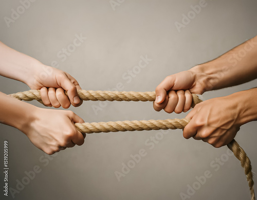 Close-up of four hands tugging two parallel ropes, illustrating teamwork, opposition, and physical contest in a well-lit, neutral studio setting.